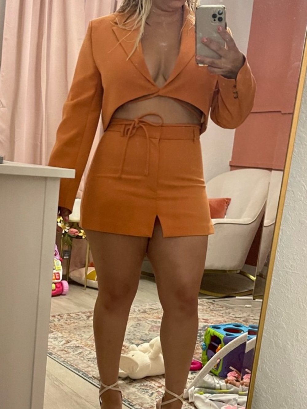 Zara Orange Cropped Blazer Mini Skort Set